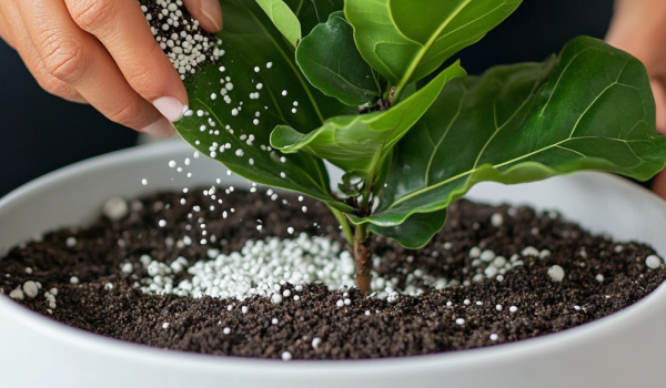 fertilizing a fiddle leaf fig plant in a pot