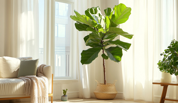 bright room with a fiddle leaf fig tree receiving indirect light