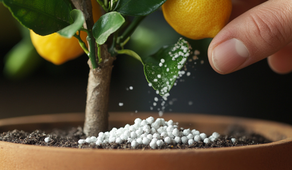 lemon tree being fertilized indoors with balanced fertilizer