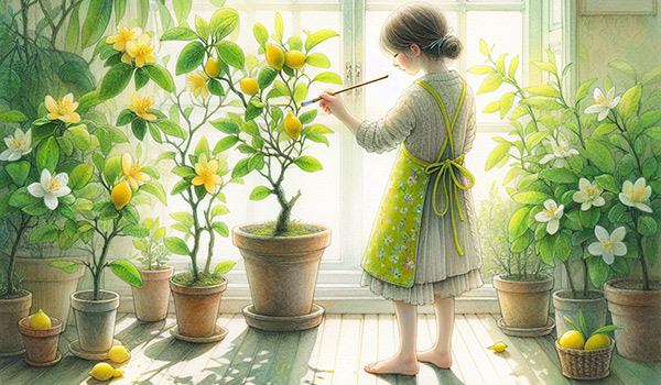 person performing manual pollination techniques on indoor lemon trees