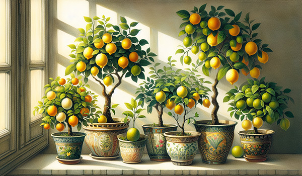 varieties of indoor lemon trees displayed together in pots